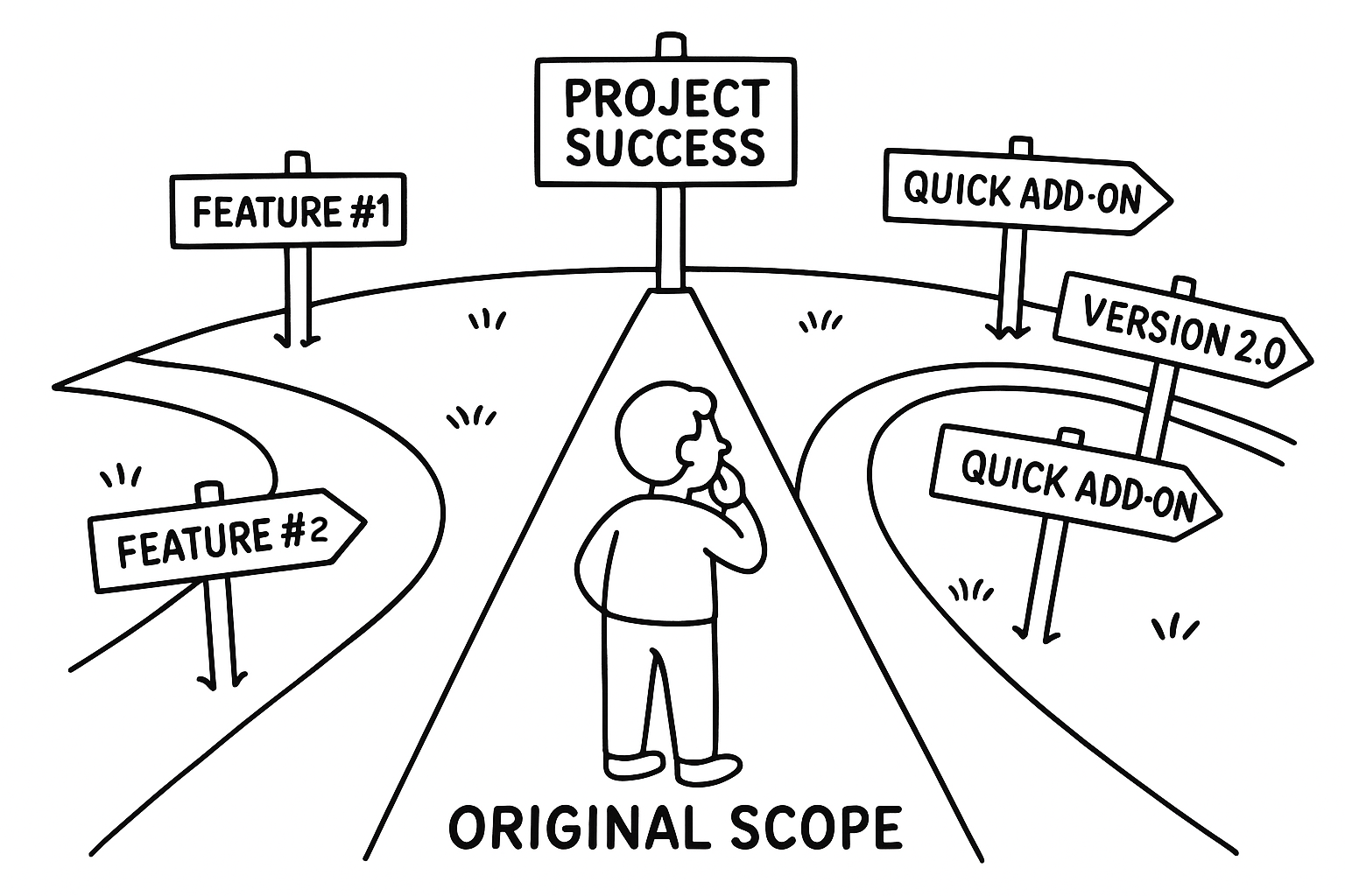 Cartoon of a person on a path labeled "Original Scope" with alternate paths branching off with different features. The end of the path has a signpost with "Project Success" written on it.