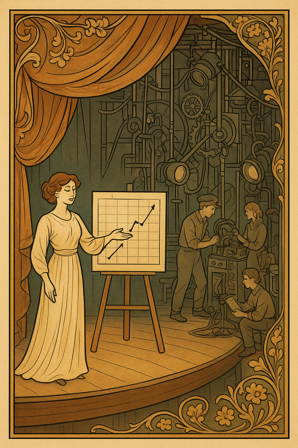 A victorian-era illustration of a woman on a stage referencing a simple line plot sitting on an easel. In the background, out of the spotlight, there are people working complex machines.