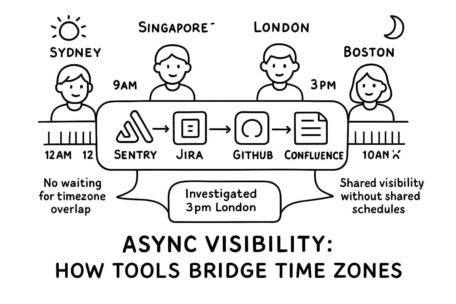 A timeline graphic showing different time zones around the world with icons representing team members working asynchronously.