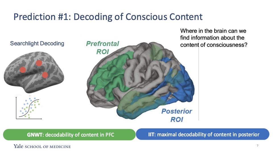A slide from the presentation highlights prefrontal and posterior regions of the brain as possible locations where researchers can measure information about the content of consciousness.