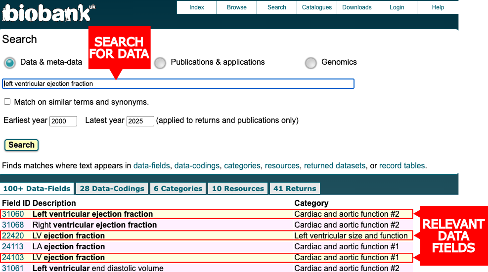 UK Biobank Showcase search interface showing search results for left ventricular ejection fraction, with three data fields highlighted: 22420 (Left ventricular size and function category), 24103 (Cardiac and aortic function #1 category), and 31060 (Cardiac and aortic function #2 category)