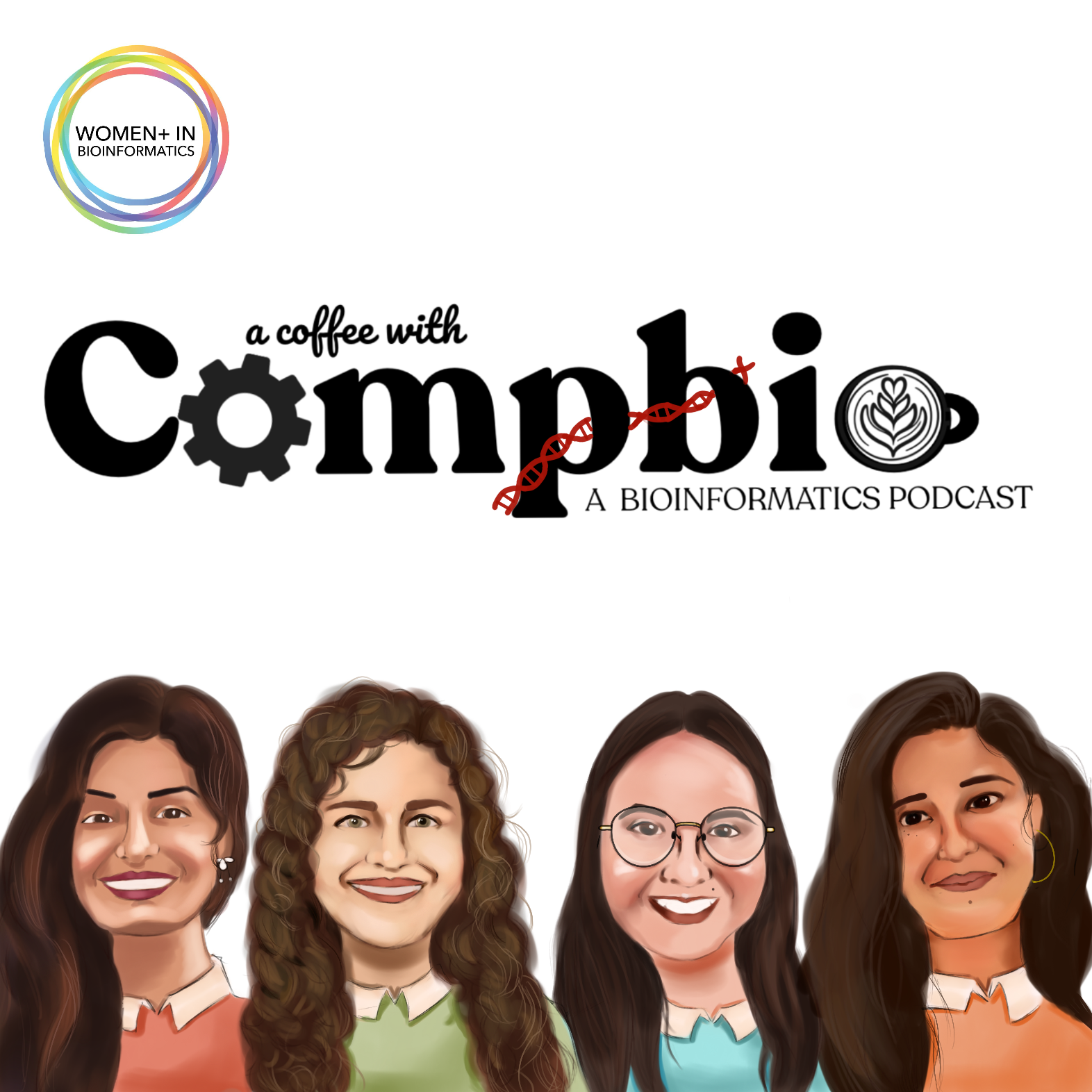 Coffee with CompBio Podcast Logo: Four painted women under that podcast title