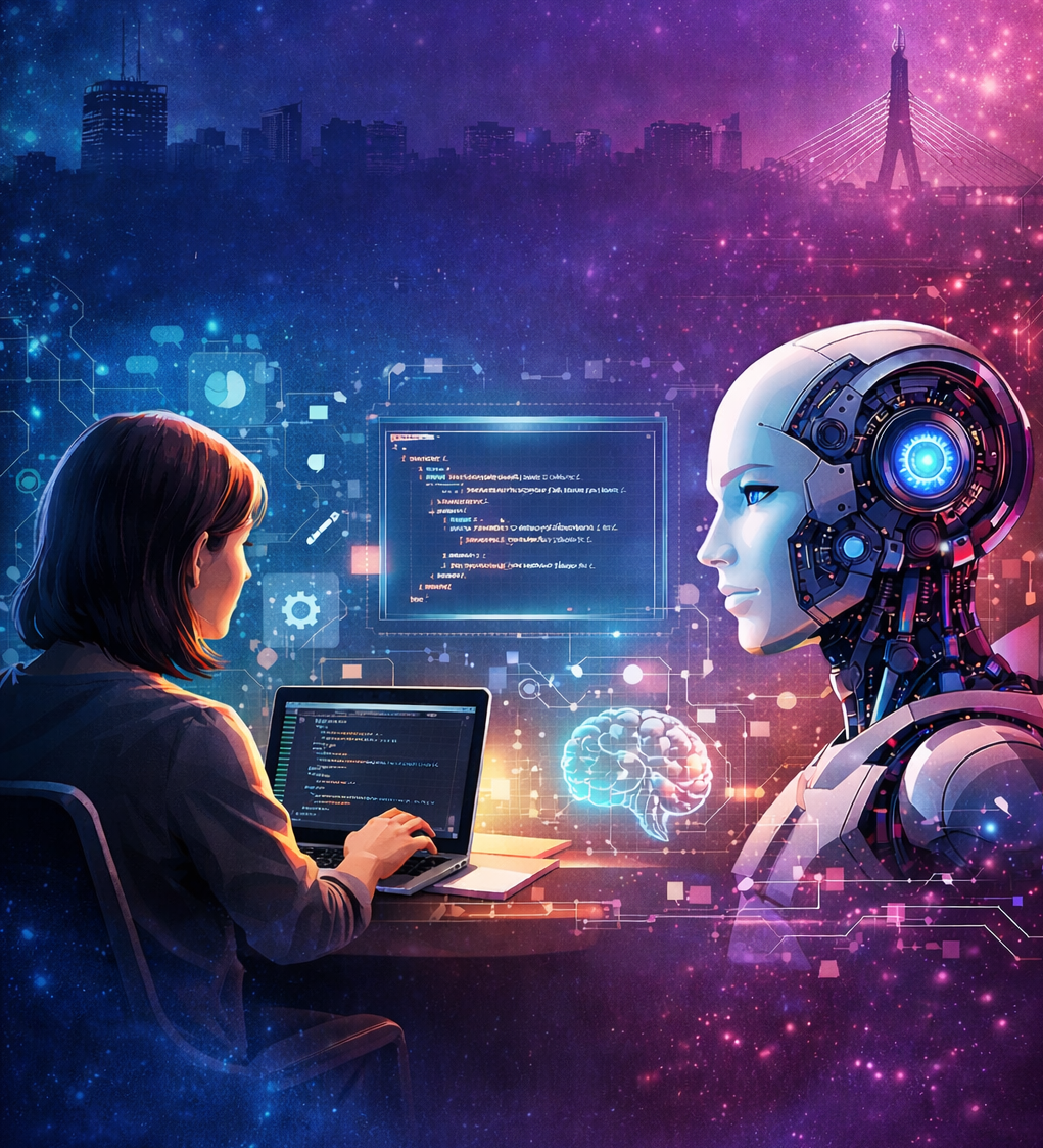 Illustration of a woman coding on a laptop while facing a humanoid robot, with glowing data, neural-network visuals, and a futuristic Boston skyline in the background, representing AI-assisted coding and human–AI collaboration. Source: AI-generated illustration created for Boston Women in Bioinformatics.